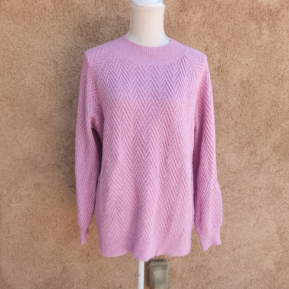 Pink Clover Chunky Slouchy Chevron Cable Knit Mock Neck Ballon Sleeves Sweater - Picture 1 of 7